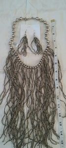 Silver Seed Bead Fringe Necklace & Earring  Set